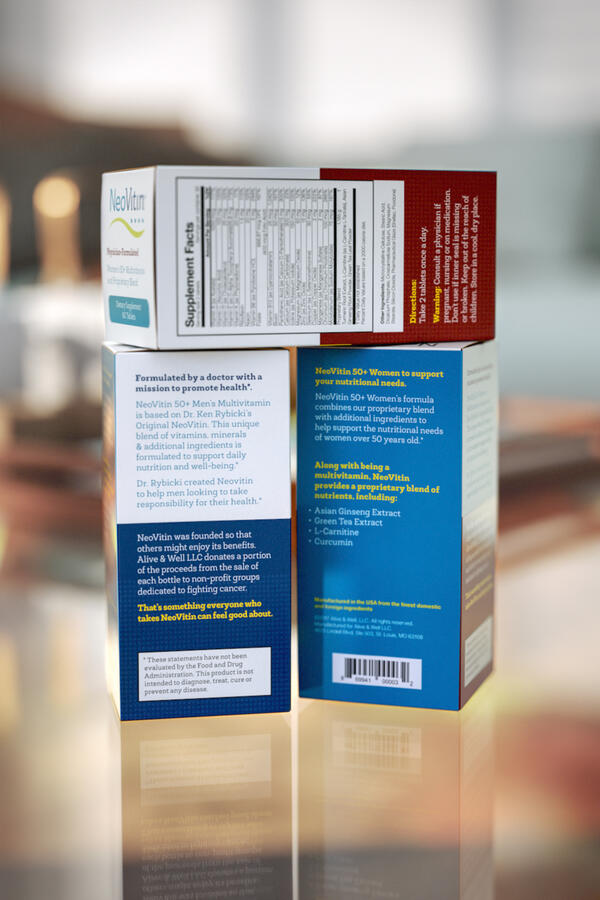 The back and side panels of NeoVitin 50+ multivitamin packaging, showing supplement facts, ingredients, and product information.