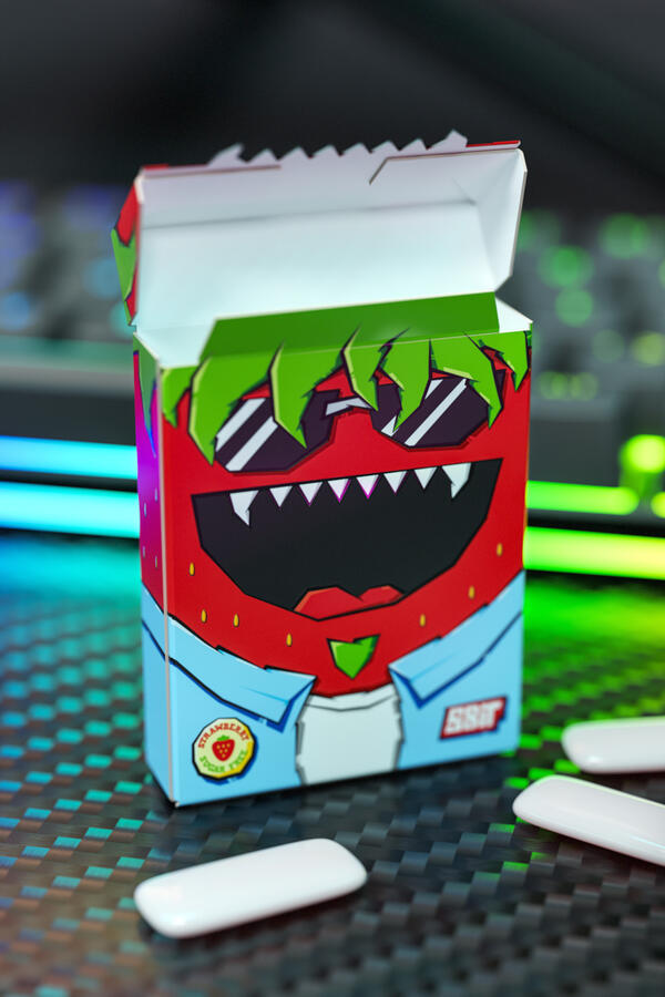 An open S-Bit gum box featuring a cool, illustrated strawberry character, with individual gum pieces visible on a textured surface.
