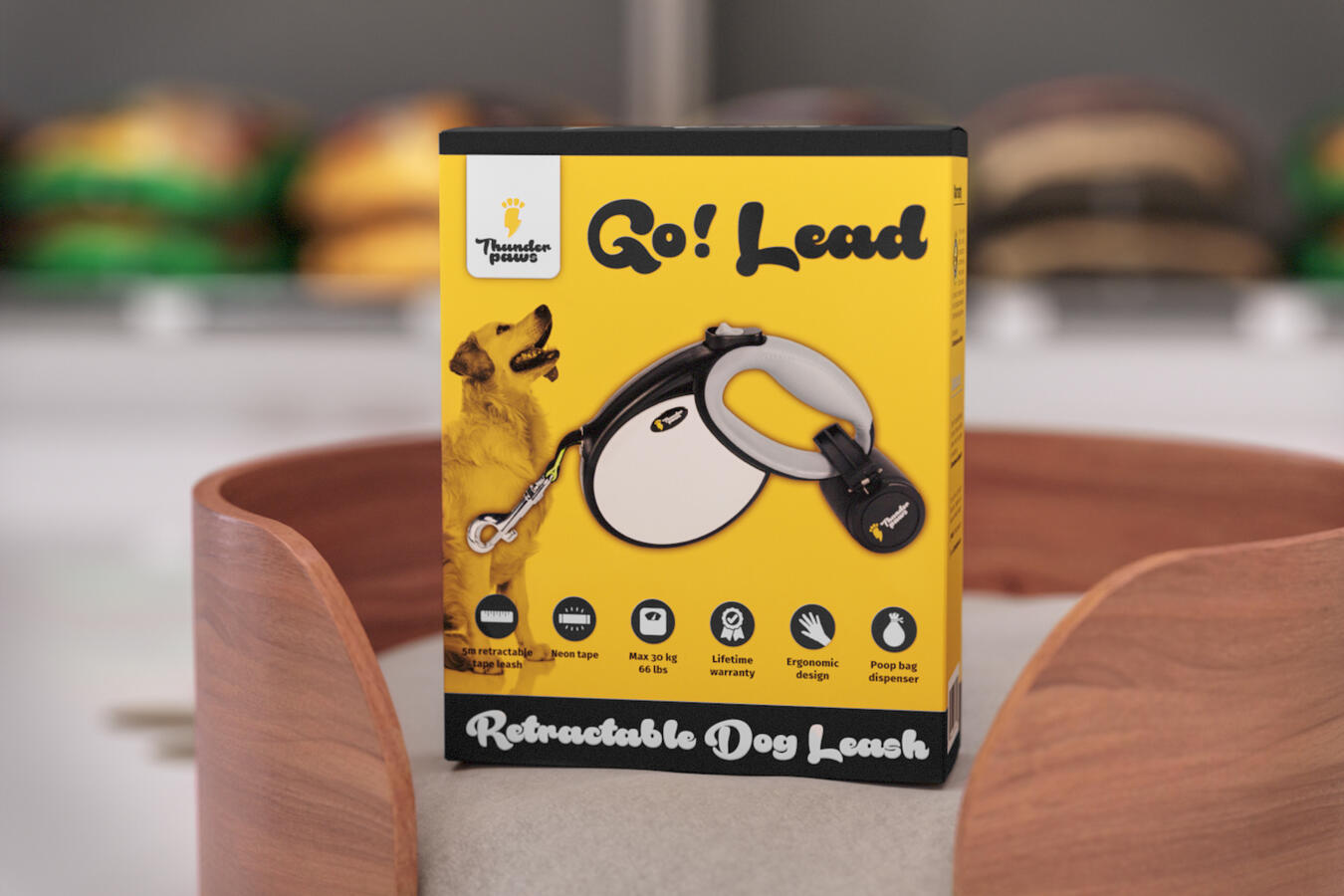 Thunder Paws Go! Lead retractable dog leash box, yellow and black, displayed in a pet product setting.