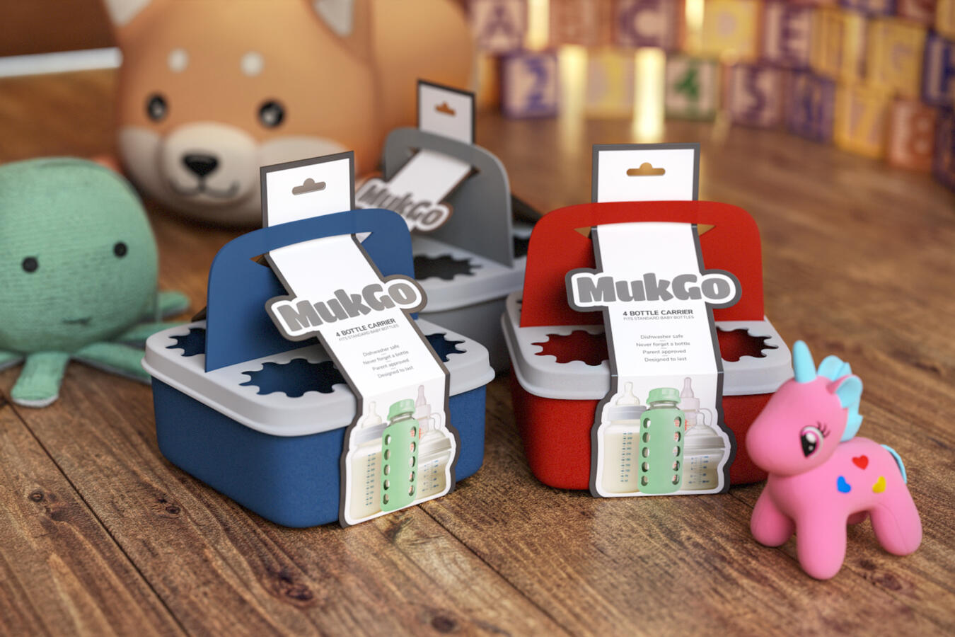 Three MukGo Bottle Carriers, one blue and one red on the front, a third grey carrier on the back. All shown on a wooden floor surrounded by children's toys.